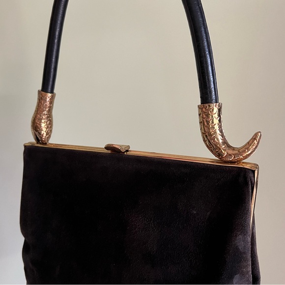 Vintage Suede Handbag, Snake Handle, Genuine Leather Purse - Picture 3 of 8